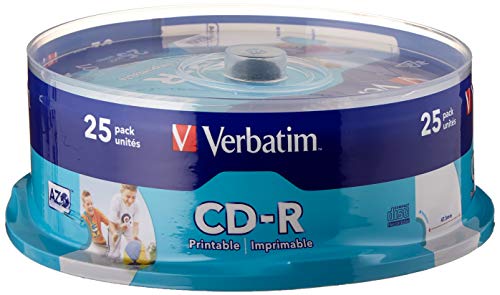 Verbatim CD-R AZO Wide Inkjet Printable 700 MB, 25er Pack Spindel, CD Rohlinge, 52-fache Brenngeschwindigkeit mit langer Lebensdauer, leere CDs bedruckbar, Audio CD Rohling von Verbatim