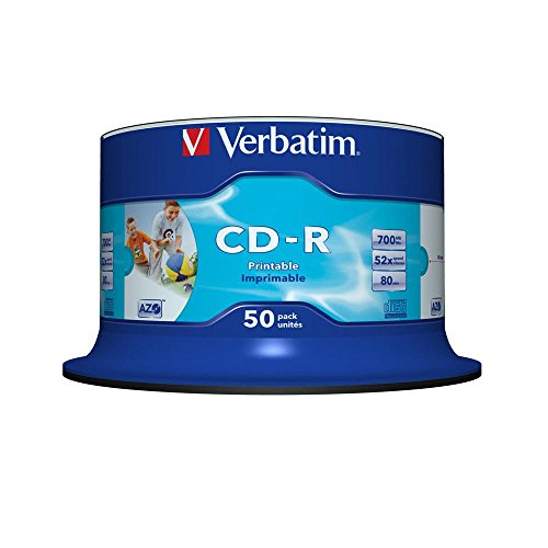 Verbatim CD-R AZO Wide Inkjet Printable 700 MB, 50er Pack Spindel, CD Rohlinge, 52-fache Brenngeschwindigkeit mit langer Lebensdauer, leere CDs bedruckbar, Audio CD Rohling von Verbatim