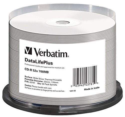 Verbatim CD-R DataLifePlus 700 MB, 50er Pack Spindel, CD Rohlinge beschreibbar, 52-fache Brenngeschwindigkeit und thermisch bedruckbarI leere CDs, Audio CD Rohling printable, CD leer von Verbatim