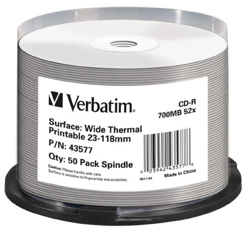 Verbatim CD-R Rohlinge, 52x, 700MB, Super AZO, Thermal-bedruckbare Oberfläche Verbatim CD-R Rohlinge, 52x, 700MB, Super AZO, Thermal-bedruckbare Oberfläche von Verbatim