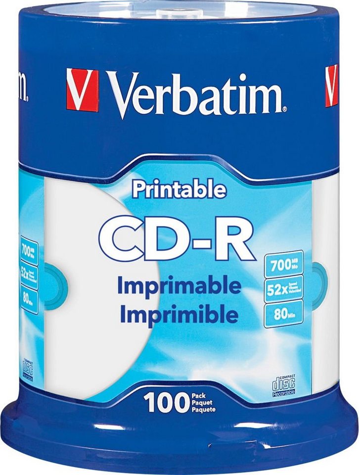 Verbatim CD-Rohling 100 Verbatim Rohlinge CD-R full printable 80Min 700MB 52x Spindel von Verbatim