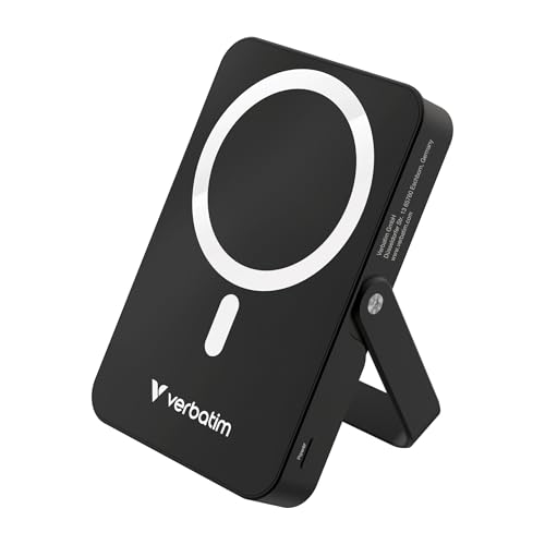 Verbatim Charge 'n' Go MagSafe Powerbank 10.000mAh Schwarz 15W magnetisch - PD 22W Schnellladefunktion LED-Anzeige & klappbarer Ständer für iPhone 16/15/14/13/12 Pro/Pro Max – inkl. USB-C Kabel von Verbatim
