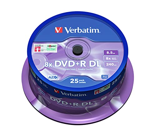 Verbatim DVD+R Double Layer Matt Silver 8.5GB, 25er Pack Spindel, DVD Rohlinge beschreibbar, 8-fache Brenngeschwindigkeit & Hardcoat Scratch Guard, Rohlinge DVD-R, DVD leer von Verbatim