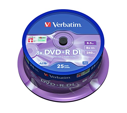 Verbatim DVD+R Double Layer Matt Silver 8.5GB, 25er Pack Spindel, DVD Rohlinge beschreibbar, 8-fache Brenngeschwindigkeit & Hardcoat Scratch Guard, Rohlinge DVD-R, DVD leer Verbatim DVD+R Double Layer Matt Silver 8.5GB, 25er Pack Spindel, DVD Rohlinge beschreibbar, 8-fache Brenngeschwindigkeit & Hardcoat Scratch Guard, Rohlinge DVD-R, DVD leer von Verbatim