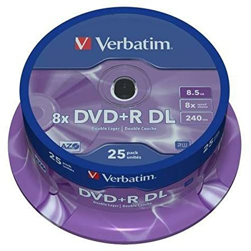 Verbatim DVD+R Double Layer Matt Silver 8.5GB, 25er Pack Spindel, DVD Rohlinge beschreibbar, 8-fache Brenngeschwindigkeit & Hardcoat Scratch Guard, Rohlinge DVD-R, DVD leer Verbatim DVD+R Double Layer Matt Silver 8.5GB, 25er Pack Spindel, DVD Rohlinge beschreibbar, 8-fache Brenngeschwindigkeit & Hardcoat Scratch Guard, Rohlinge DVD-R, DVD leer von Verbatim