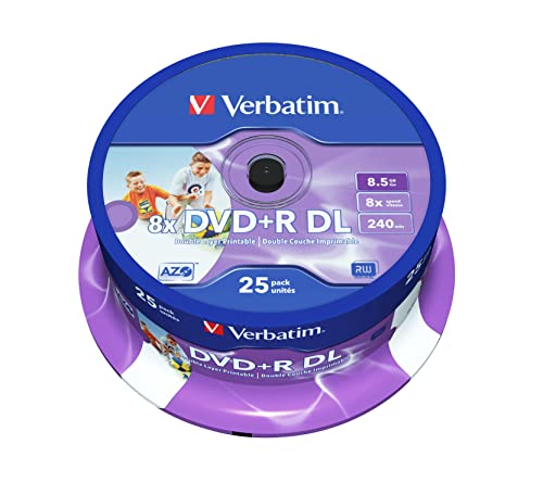 Verbatim DVD+R Double Layer Wide Inkjet Printable 8.5GB, 25er Pack Spindel, DVD Rohlinge bedruckbar, 8-fache Brenngeschwindigkeit & Hardcoat Scratch Guard, DVD-R printable, DVD leer von Verbatim