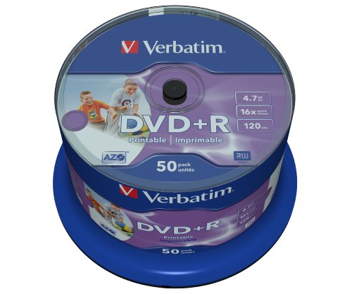 Verbatim DVD+R Wide Inkjet Printable 4.7GB, 50er Pack Spindel, DVD Rohlinge bedruckbar, 16-fache Brenngeschwindigkeit & Hardcoat Scratch Guard, DVD-R printable, DVD leer, Rohlinge DVD von Verbatim