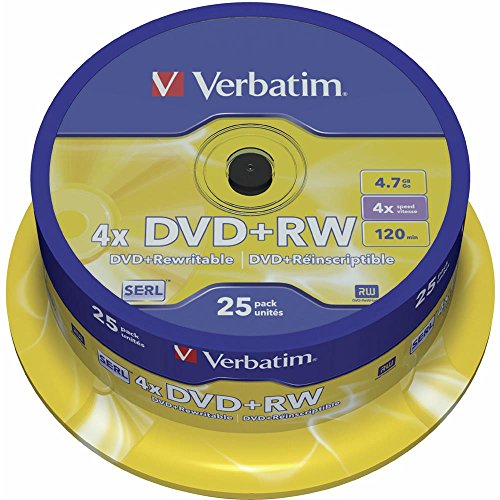 Verbatim DVD+RW 4x Matt Silver 4.7GB, 25er Pack Spindel, DVD Rohlinge beschreibbar, 4-fache Brenngeschwindigkeit & Hardcoat Scratch Guard, DVD leer, Rohlinge DVD wiederbeschreibbar von Verbatim