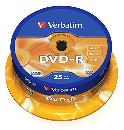 Verbatim DVD-R 16x Matt Silver 4.7GB, 25er Pack Spindel, DVD Rohlinge beschreibbar, 16-fache Brenngeschwindigkeit & Hardcoat Scratch Guard, DVD-R Rohlinge, DVD leer, Rohlinge DVD von Verbatim