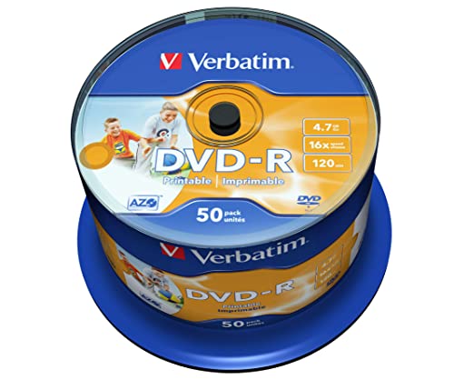 Verbatim DVD-R 16x Matt Silver 4.7GB, 50er Pack Spindel, DVD Rohlinge bedruckbar, 16-fache Brenngeschwindigkeit & Hardcoat Scratch Guard, DVD-R Rohlinge printable, DVD leer von Verbatim
