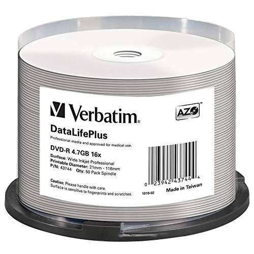 Verbatim DVD-R 16x Wide Inkjet Professional 4.7GB, DataLifePlus, 50er Pack Spindel, DVD Rohlinge bedruckbar, 16-fache Brenngeschwindigkeit & lange Lebensdauer, DVD-R printable, DVD leer von Verbatim