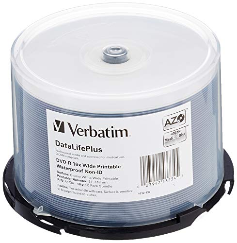 Verbatim DVD-R 16x Wide Printable Waterproof 4.7GB, DataLifePlus, 50er Pack Spindel, DVD Rohlinge bedruckbar, 16-fache Brenngeschwindigkeit wasserfest, DVD-R printable, DVD leer von Verbatim