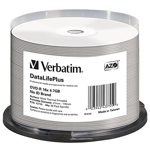 Verbatim DVD-R 16x Wide Thermal Printable 4.7GB, DataLifePlus, 50er Pack Spindel, DVD Rohlinge thermal bedruckbar, 16-fache Brenngeschwindigkeit, DVD-R printable, DVD leer, Rohlinge DVD von Verbatim