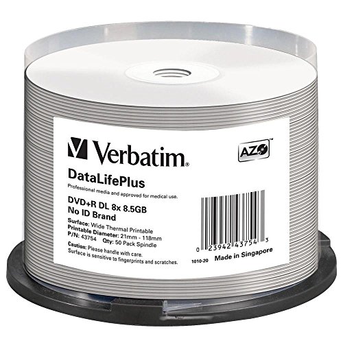 Verbatim DVD-R 8x Double Layer Wide Thermal Printable 8.5GB, DataLifePlus, 50er Pack Spindel, DVD Rohlinge thermal bedruckbar, 8-fache Brenngeschwindigkeit, DVD-R printable, DVD leer von Verbatim