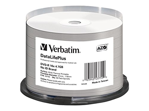 Verbatim DVD-R AZO 4.7GB 16X DL+ White Wide Thermal Printable Surface NO ID Cake 50 von Verbatim