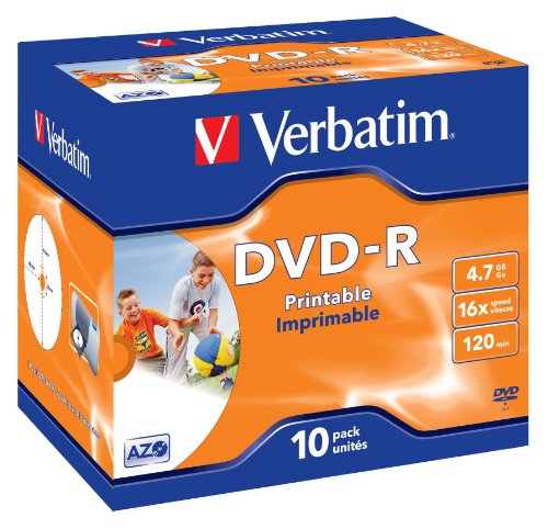 Verbatim DVD-R Wide Inkjet Printable 4.7GB, 10er Pack Jewel Case l, DVD Rohlinge bedruckbar, 16-fache Brenngeschwindigkeit & Hardcoat Scratch Guard, DVD-R Rohlinge printable, DVD leer von Verbatim