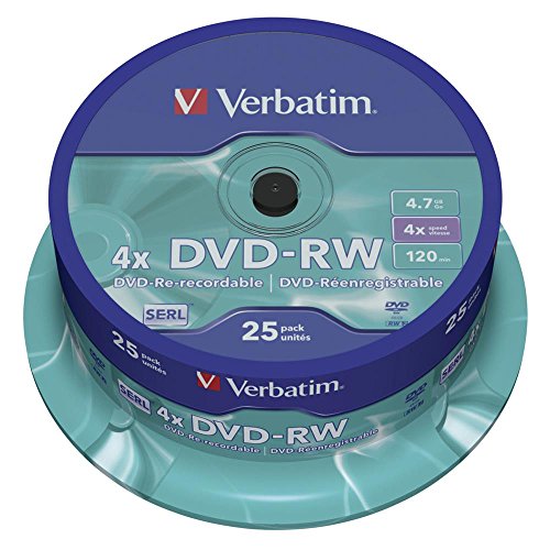 Verbatim DVD-RW 4x Matt Silver 4.7GB, 25er Pack Spindel, DVD Rohlinge beschreibbar, 4-fache Brenngeschwindigkeit & Hardcoat Scratch Guard, DVD leer, Rohlinge DVD wiederbeschreibbar von Verbatim