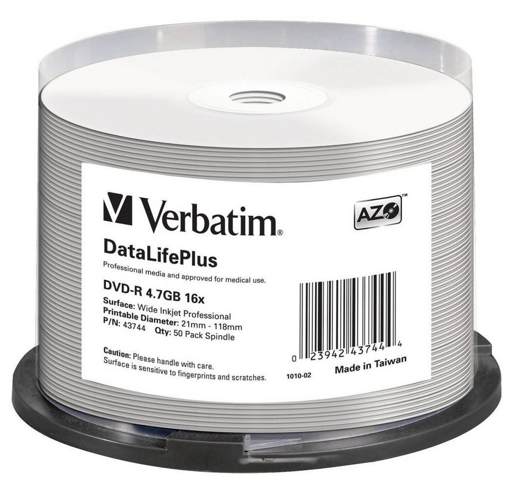Verbatim DVD-Rohling DVD-R 4.7GB 16x 50er Spindel bedruckbar, Bedruckbar von Verbatim