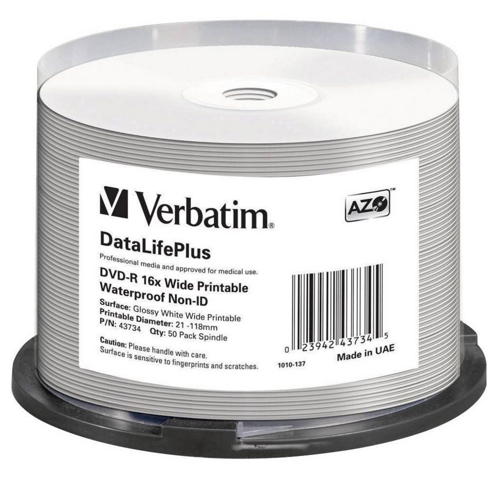 Verbatim DVD-Rohling DVD-R 4.7GB 16x 50er Spindel bedruckbar, Bedruckbar von Verbatim