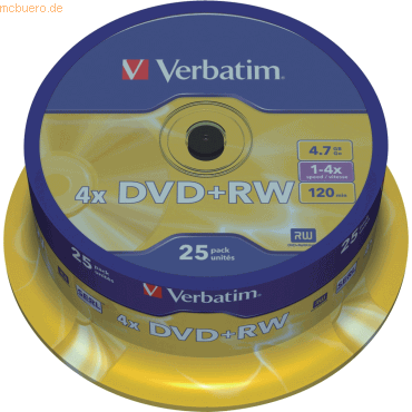 Verbatim DVD-Rohlinge DVD+RW 4,7GB/4x auf Spindel VE=25 Stück von Verbatim