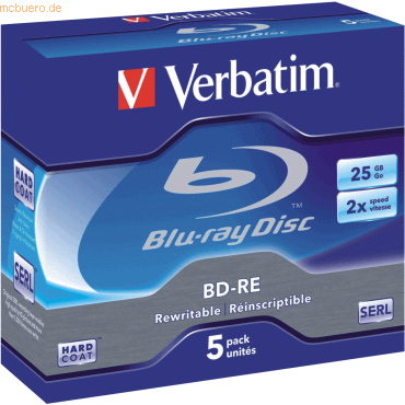 Verbatim DVD Rohlinge DVD BD-RE Blue-Ray 25GB im Jewel Case VE=5 Stück von Verbatim