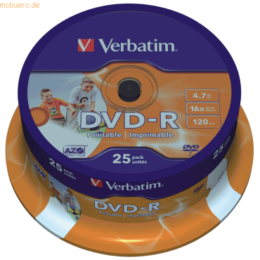 Verbatim DVD-Rohlinge bedruckbar DVD-R 4,7GB/16x auf Spindel VE=25 Stü von Verbatim