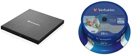 Verbatim Externer Slimline Blu-ray-Writer, USB 3.0-Anschluss, Blu-ray-Player, Kompakter externer Blu-ray-Brenner für große Backups, inkl. 25er Spindel Datalife Blu-ray 25GB von Verbatim