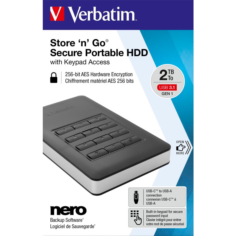 Verbatim Festplatte 2TB USB 3.1, A-C, 6.35cm (2.5''), schwarz von Verbatim