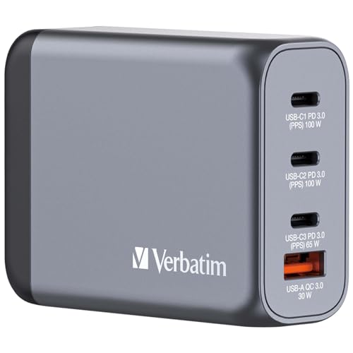Verbatim GaN Charger 100 W, 4 Ports USB-C Ladegerät, Power Adapter mit 3 x USB-C und 1 x USB-A, Schnellladegerät als Mehrfachstecker, für Apple MacBook, Notebook, iPad, iPhone, Samsung und Co von Verbatim