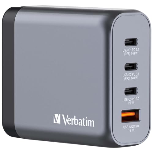 Verbatim GaN Charger 140 W, 4 Ports USB-C Ladegerät, Power Adapter mit 3 x USB-C und 1 x USB-A, Schnellladegerät als Mehrfachstecker, für Apple MacBook, Notebook, iPad, iPhone, Samsung und Co von Verbatim