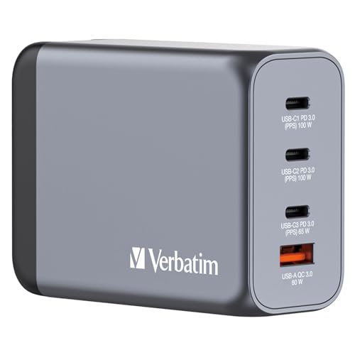 Verbatim GaN Charger 200 W, 4 Ports USB-C Ladegerät, Power Adapter mit 3 x USB-C und 1 x USB-A, Schnellladegerät als Mehrfachstecker, für Apple MacBook, Notebook, iPad, iPhone, Samsung und Co von Verbatim
