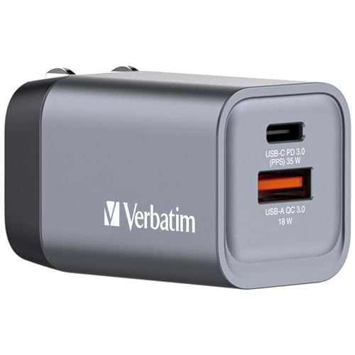 Verbatim GaN Charger 35 W, 2 Ports USB-C Ladegerät, Power Adapter mit USB-C und USB-A, Schnellladegerät als Mehrfachstecker, für Apple iPad, iPhone, Samsung und Co von Verbatim