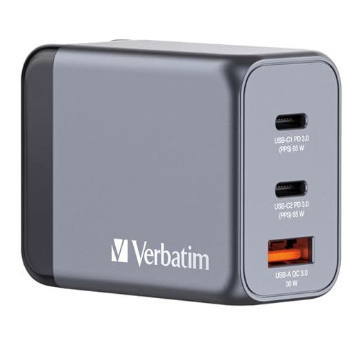 Verbatim GaN Charger 65 W, 3 Ports USB-C Ladegerät, Power Adapter mit 2 x USB-C und 1 x USB-A, Schnellladegerät als Mehrfachstecker, für Apple MacBook, Notebook, iPad, iPhone, Samsung und Co von Verbatim