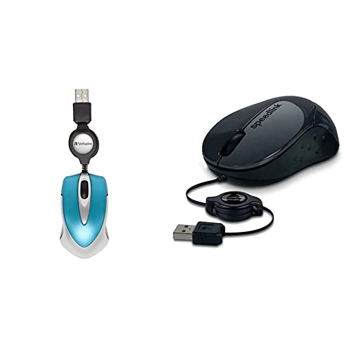 Verbatim Go-Mini optische Travel-Maus,kleine Computermaus mit einziehbarem Kabel Blau & Speedlink BEENIE Mobile Mouse - Maus mit USB Anschluss, justierbarer Kabellänge und geräuschlosen Tasten schwarz von Verbatim