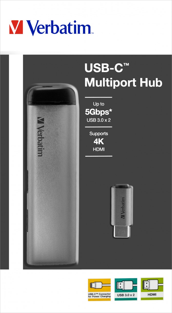 Verbatim Hub, USB 3.1-C, Multiport 2x USB 3.0, HDMI 4K Power Charge, USB-C Kabel, 15cm, Retail Verbatim Hub, USB 3.1-C, Multiport 2x USB 3.0, HDMI 4K Power Charge, USB-C Kabel, 15cm, Retail von Verbatim