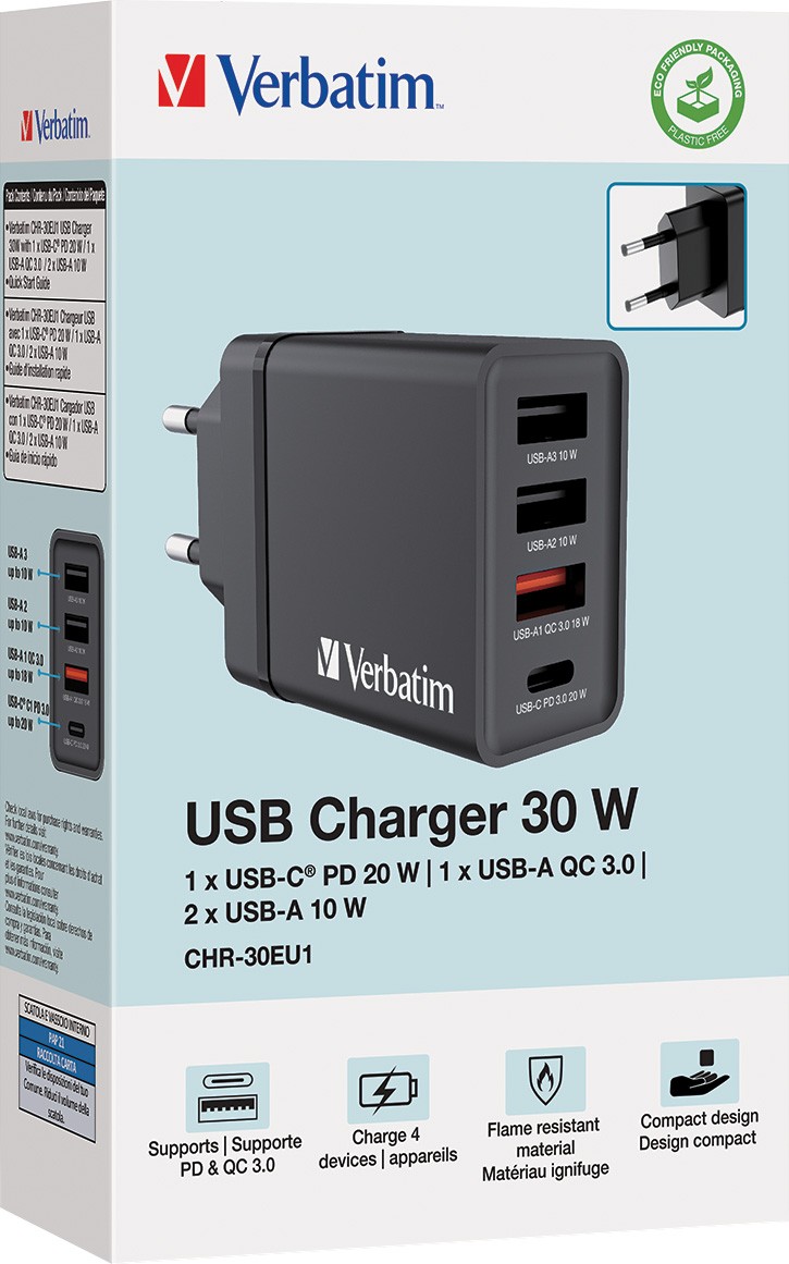 Verbatim Ladeadapter, CHR-30EU1, 30W, GaN, schwarz 2x USB-A, 1x USB-A QC, 1x USB-C PD, Retail Verbatim Ladeadapter, CHR-30EU1, 30W, GaN, schwarz 2x USB-A, 1x USB-A QC, 1x USB-C PD, Retail von Verbatim