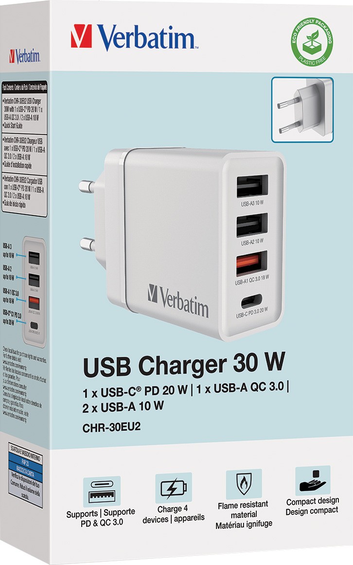 Verbatim Ladeadapter, CHR-30EU2, 30W, GaN, weiss 2x USB-A, 1x USB-A QC, 1x USB-C PD, Retail Verbatim Ladeadapter, CHR-30EU2, 30W, GaN, weiss 2x USB-A, 1x USB-A QC, 1x USB-C PD, Retail von Verbatim