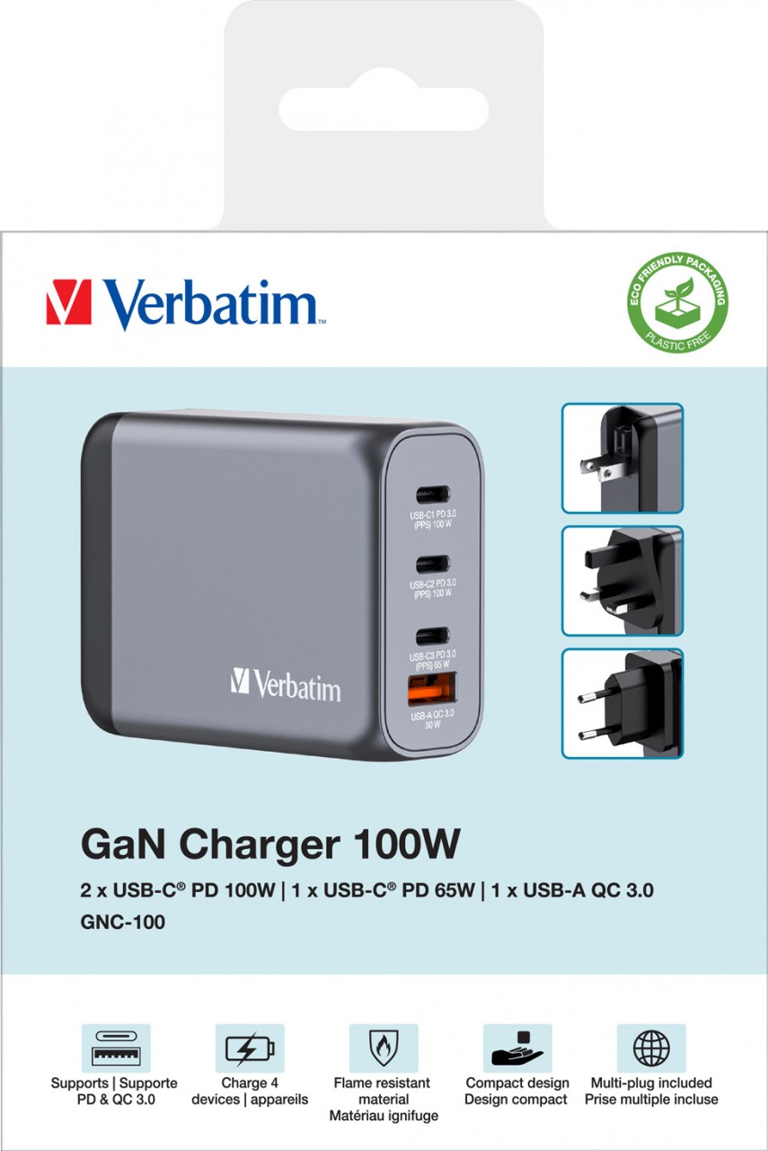Verbatim Ladeadapter, Universal, GNC-100, GaN, 100W, grau 1x USB-A QC, 3x USB-C PD, Retail Verbatim Ladeadapter, Universal, GNC-100, GaN, 100W, grau 1x USB-A QC, 3x USB-C PD, Retail von Verbatim