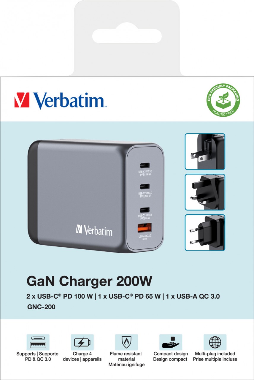 Verbatim Ladeadapter, Universal, GNC-200, GaN, 200W, grau 1x USB-A QC, 3x USB-C PD, Retail von Verbatim