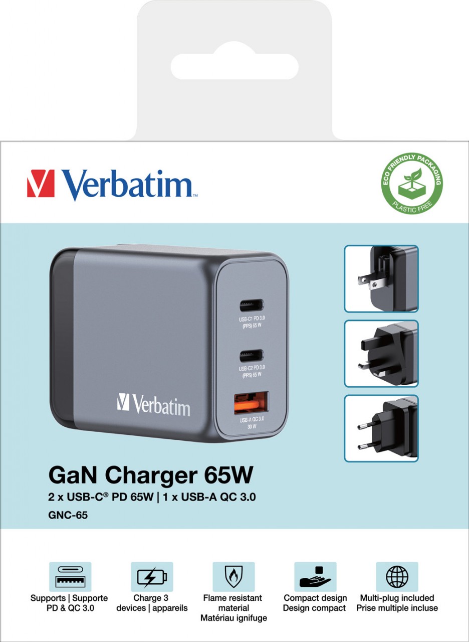 Verbatim Ladeadapter, Universal, GNC-65, GaN, 65W, grau 1x USB-A QC, 2x USB-C PD, Retail Verbatim Ladeadapter, Universal, GNC-65, GaN, 65W, grau 1x USB-A QC, 2x USB-C PD, Retail von Verbatim