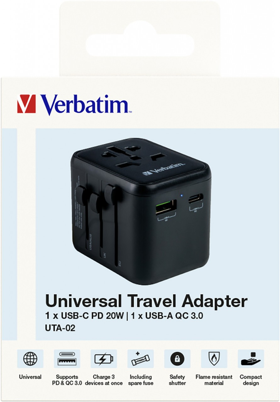 Verbatim Ladeadapter, Universal Travel, UTA-02, schwarz 100-250V, 1x USB Typ-A QC, 1x USB Typ-C PD, Retail Verbatim Ladeadapter, Universal Travel, UTA-02, schwarz 100-250V, 1x USB Typ-A QC, 1x USB Typ-C PD, Retail von Verbatim