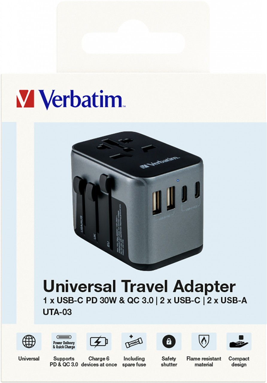 Verbatim Ladeadapter, Universal Travel, UTA-03, schwarz 100-250V, 2x USB Typ-A, 3x USB Typ-C, PD/QC, Retail Verbatim Ladeadapter, Universal Travel, UTA-03, schwarz 100-250V, 2x USB Typ-A, 3x USB Typ-C, PD/QC, Retail von Verbatim
