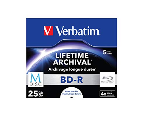 Verbatim MDISC BD-R Blu-ray Rohlinge, 25 GB, Blu-ray-Disc mit 4-facher Schreibgeschwindigkeit, 5er-Pack Jewel Case, großflächig bedruckbar, Blu-ray-Disks für Video- und Audiodateien von Verbatim