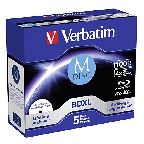 Verbatim MDISC BDXL Blu-ray Rohlinge 100 GB, Blu-ray-Disc mit 4-facher Schreibgeschwindigkeit, 5er-Pack Jewel Case, großflächig bedruckbar, Blu-ray-Disks für Video- und Audiodateien von Verbatim