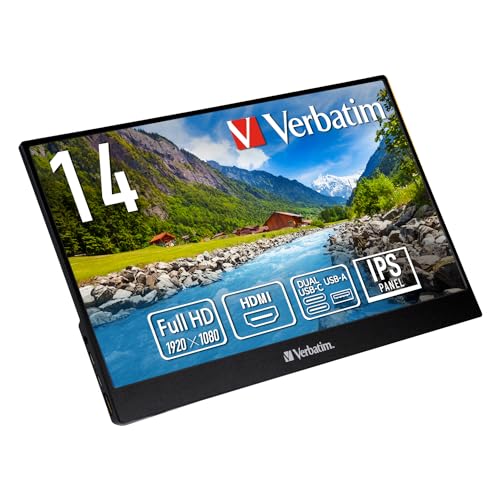 Verbatim PM-14, Portable Monitor, mobiler 14" Full HD Bildschirm für Laptop, Tablet, Smartphone, PS5 oder Nintendo Switch mit USB-A-, USB-C- sowie HDMI-Anschluss, schwarz von Verbatim