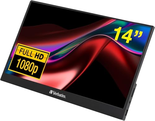 Verbatim PMT-14, Portable Touchscreen Monitor, mobiler 14" Full HD Bildschirm für Laptop, Tablet, Smartphone, PS5 oder Nintendo Switch mit USB-A-, USB-C- sowie HDMI-Anschluss, schwarz von Verbatim
