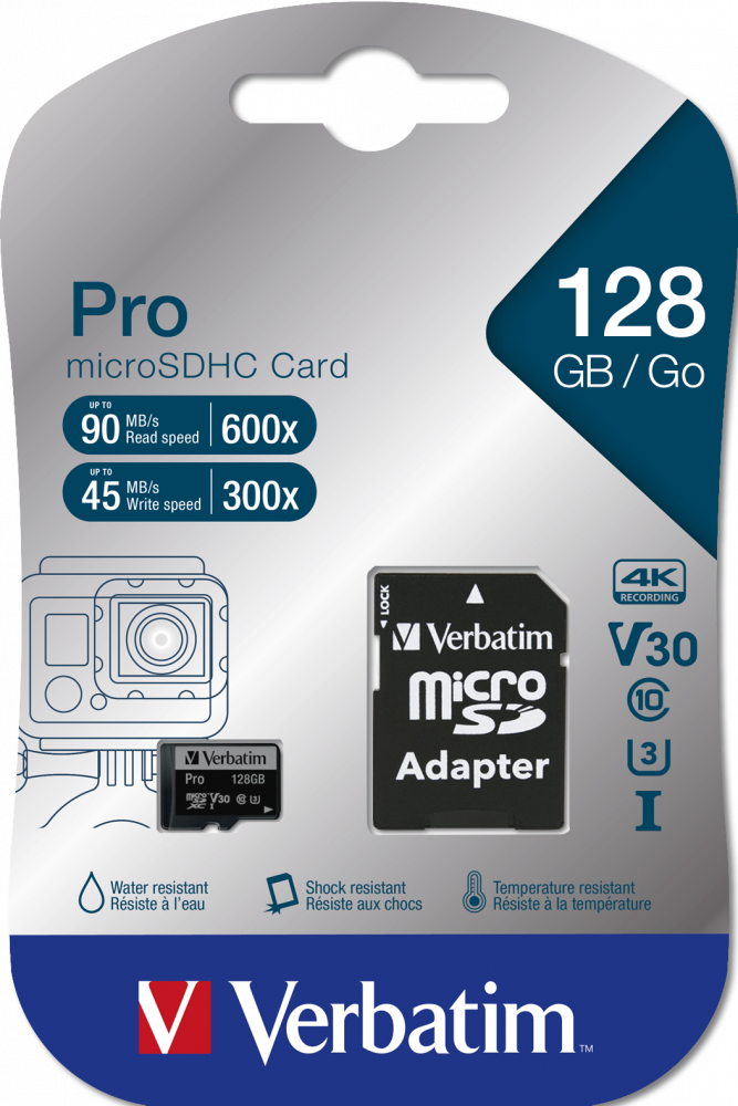 Verbatim PRO - Flash-Speicherkarte (microSDXC-an-SD-Adapter inbegriffen) - 128 GB - Video Class V30 / UHS-I U3 / Class10 - 300x/600x - microSDXC UHS-I von Verbatim