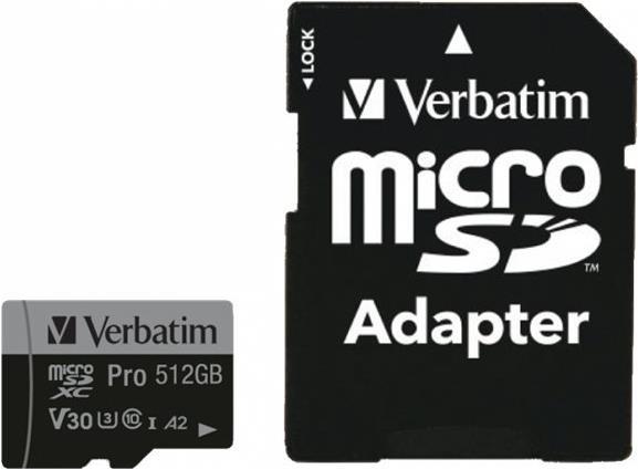 Verbatim PRO U3 - Flash-Speicherkarte (microSDXC-an-SD-Adapter inbegriffen) - 512GB - A2 / UHS-I U3 / Class10 - microSDXC UHS-I (47046) von Verbatim