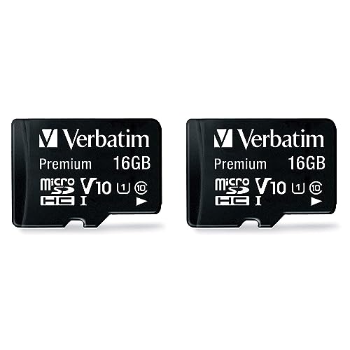 Verbatim Premium Micro SDHC Speicherkarte mit Adapter, 16 GB, Datenspeicher für Foto- und Video-Aufnahmen, Micro SD Karte in schwarz, ideal für Handy, Kamera oder Tablet (Packung mit 2) von Verbatim
