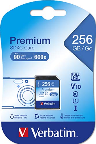 Verbatim Premium U1 SDXC Speicherkarte, 256 GB, SD Karte für Full HD Videoaufnahmen, Karte mit integriertem Schreibschutz, Speicherkarte schwarz, SD Speicherkarte für ua. Kamera und PC von Verbatim